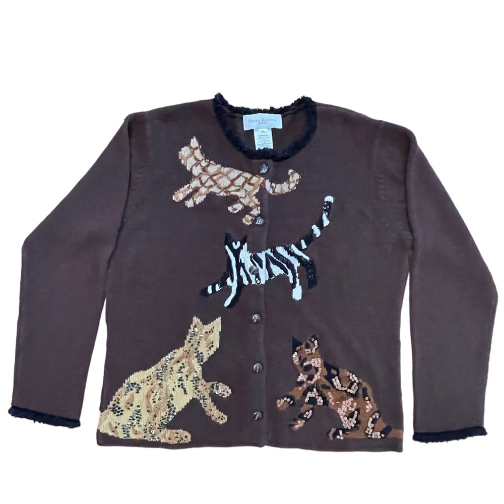 Susan Bristol Cat Sweater Cardigan Beads Sequins Kamala Brown Petite Size L
